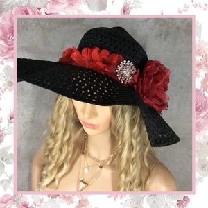 🌺 FLOPPY HAT FLOWER BLING FLORAL SUN BLOCKER BEACH ROSE SUMMER BLACK POOL BOHO